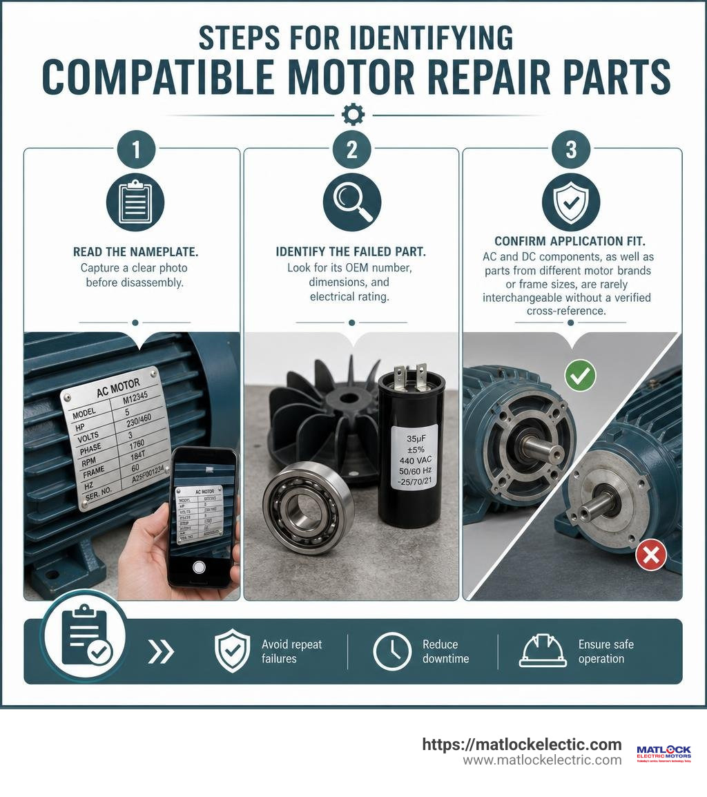 Steps for identifying compatible motor repair parts infographic Steps for identifying compatible motor repair parts infographic