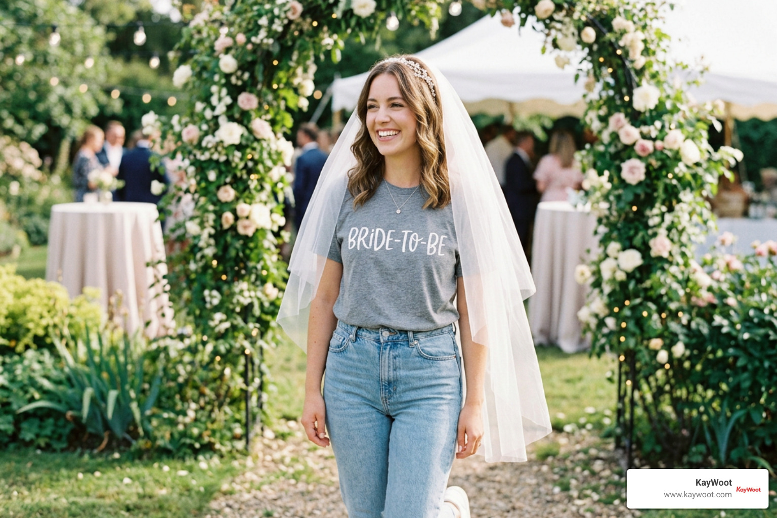 Bride-to-be wearing a fun bridal graphic tee and veil Bride-to-be wearing a fun bridal graphic tee and veil