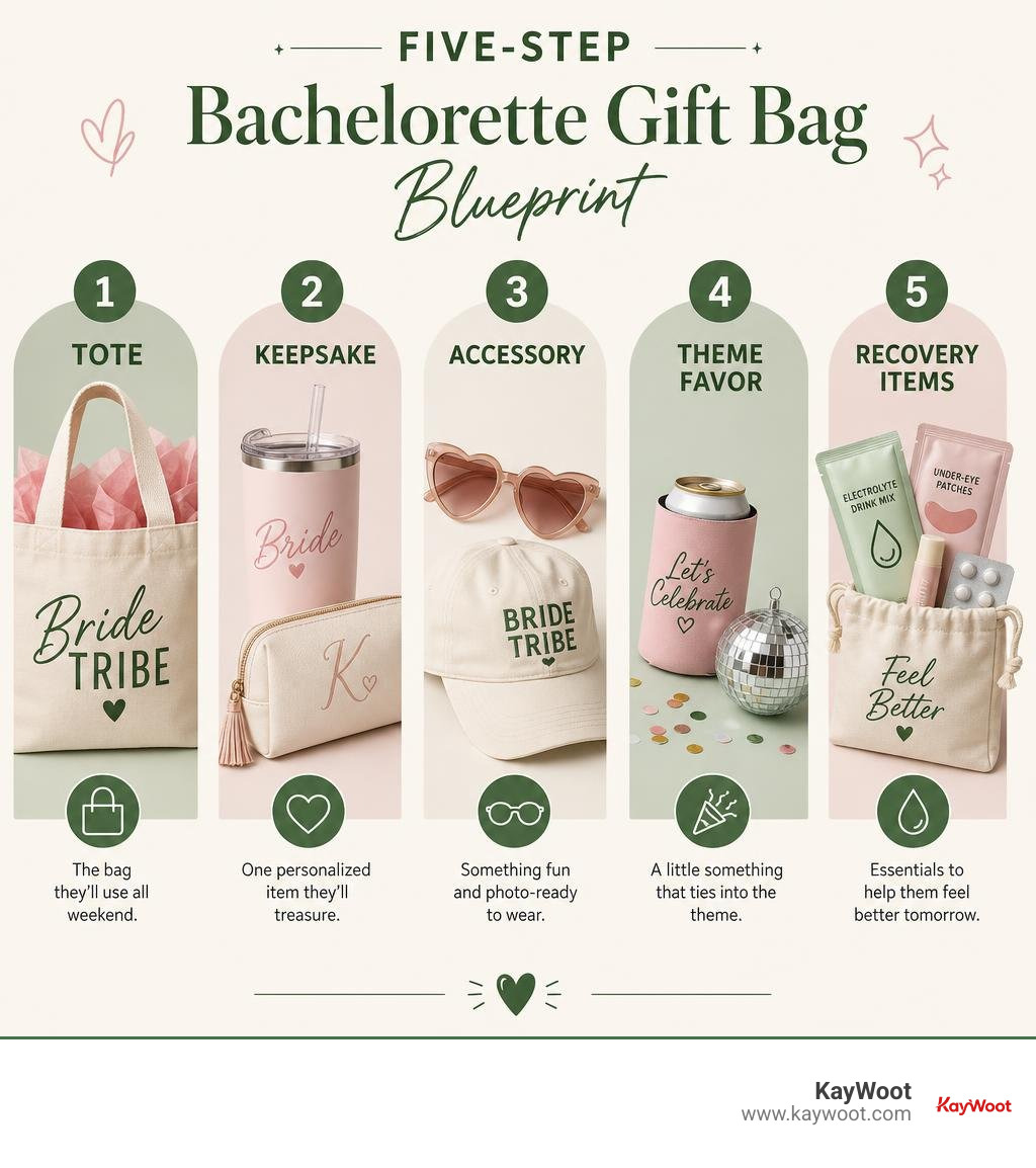 Five-step bachelorette gift bag blueprint: tote, keepsake, accessory, theme favor, recovery items infographic Five-step bachelorette gift bag blueprint: tote, keepsake, accessory, theme favor, recovery items infographic
