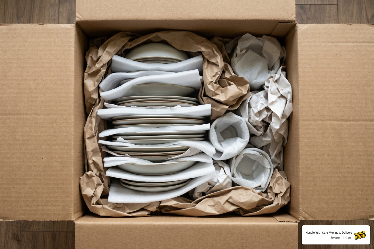 safely layered and padded dinnerware placed vertically into a reinforced carton