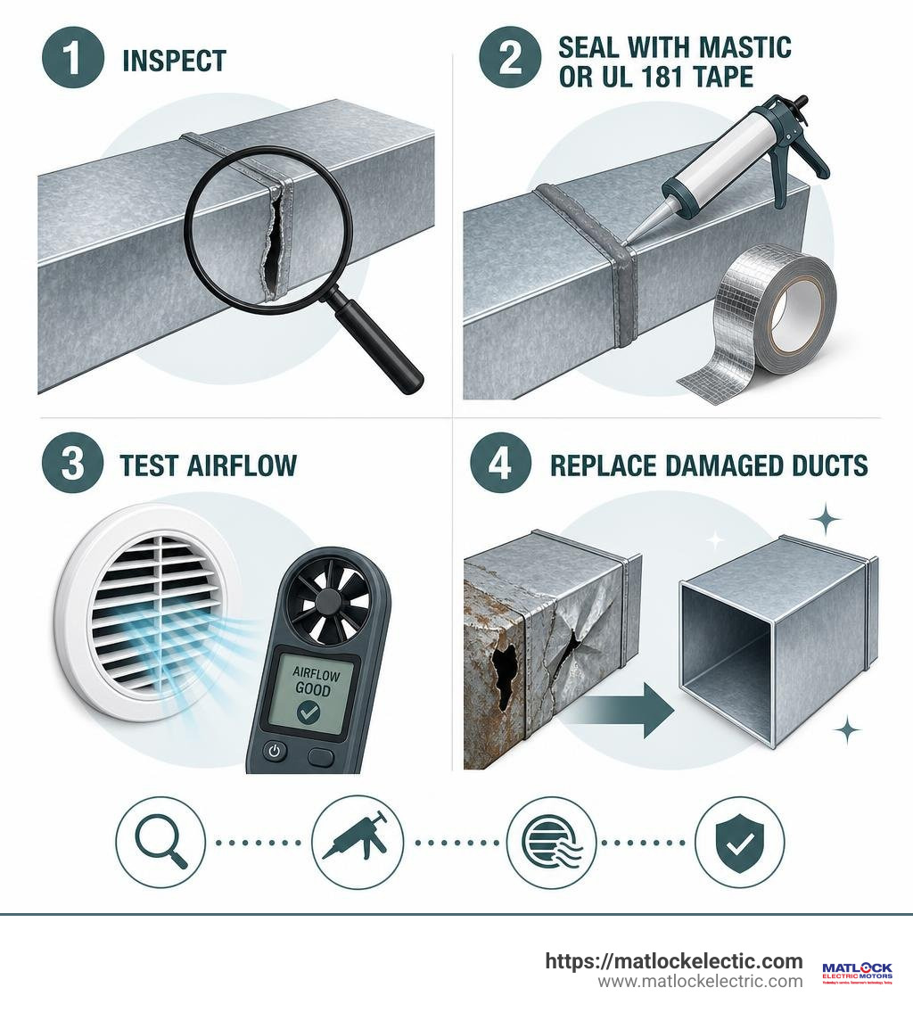 Infographic showing inspect, seal with mastic or UL 181 tape, test airflow, and replace damaged ducts infographic