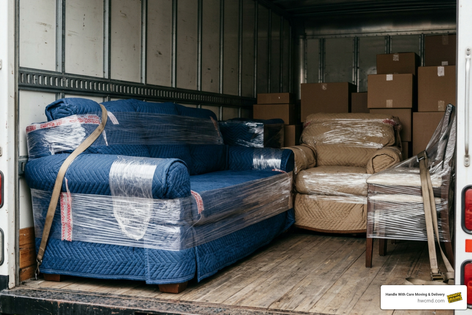 upholstered furniture wrapped securely in quilted moving blankets and stretch film