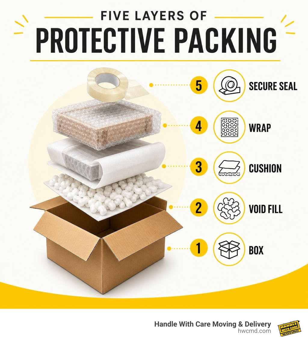 Five layers of protective packing: box, wrap, cushion, void fill, secure seal infographic