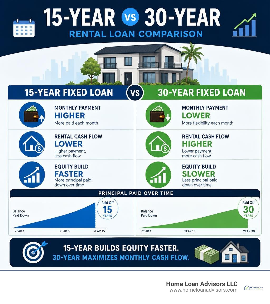 15-year versus 30-year rental loan comparison for payment cash flow and equity infographic 15-year versus 30-year rental loan comparison for payment cash flow and equity infographic