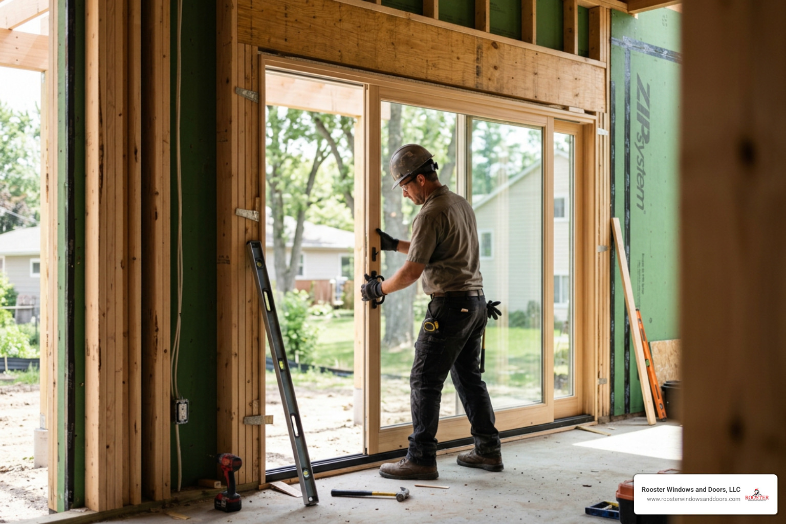 Professional framing and level installation of an 8 foot sliding patio door Professional framing and level installation of an 8 foot sliding patio door