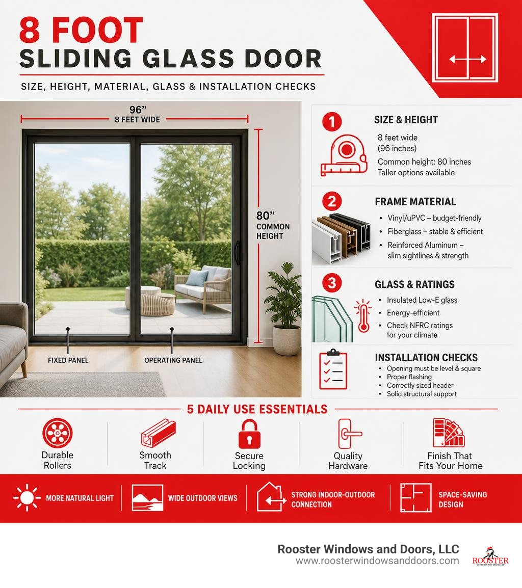 Infographic of 8 foot sliding glass door size, height, material, glass, and installation checks infographic Infographic of 8 foot sliding glass door size, height, material, glass, and installation checks infographic