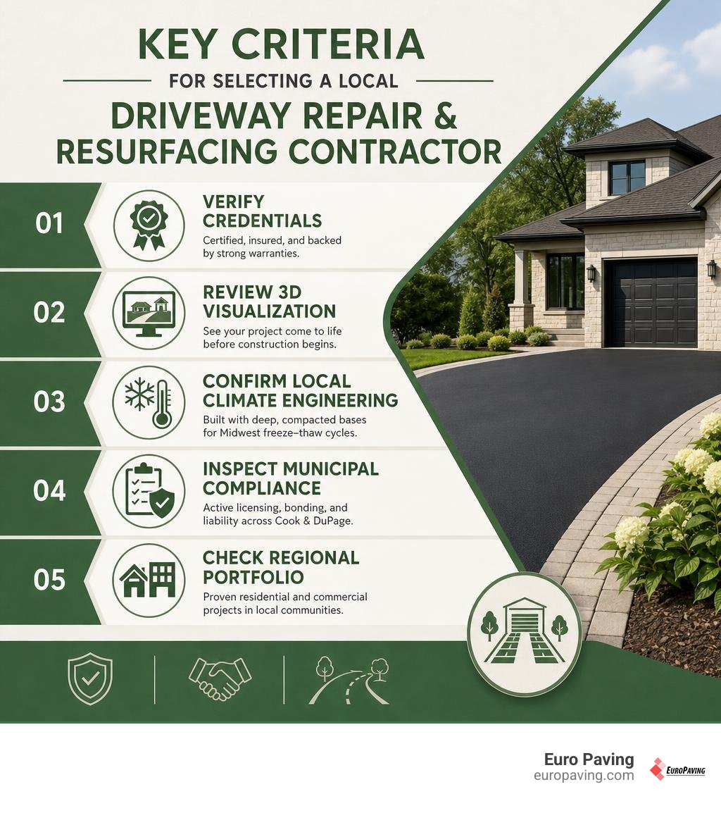 Key criteria for selecting a local driveway repair and resurfacing contractor infographic