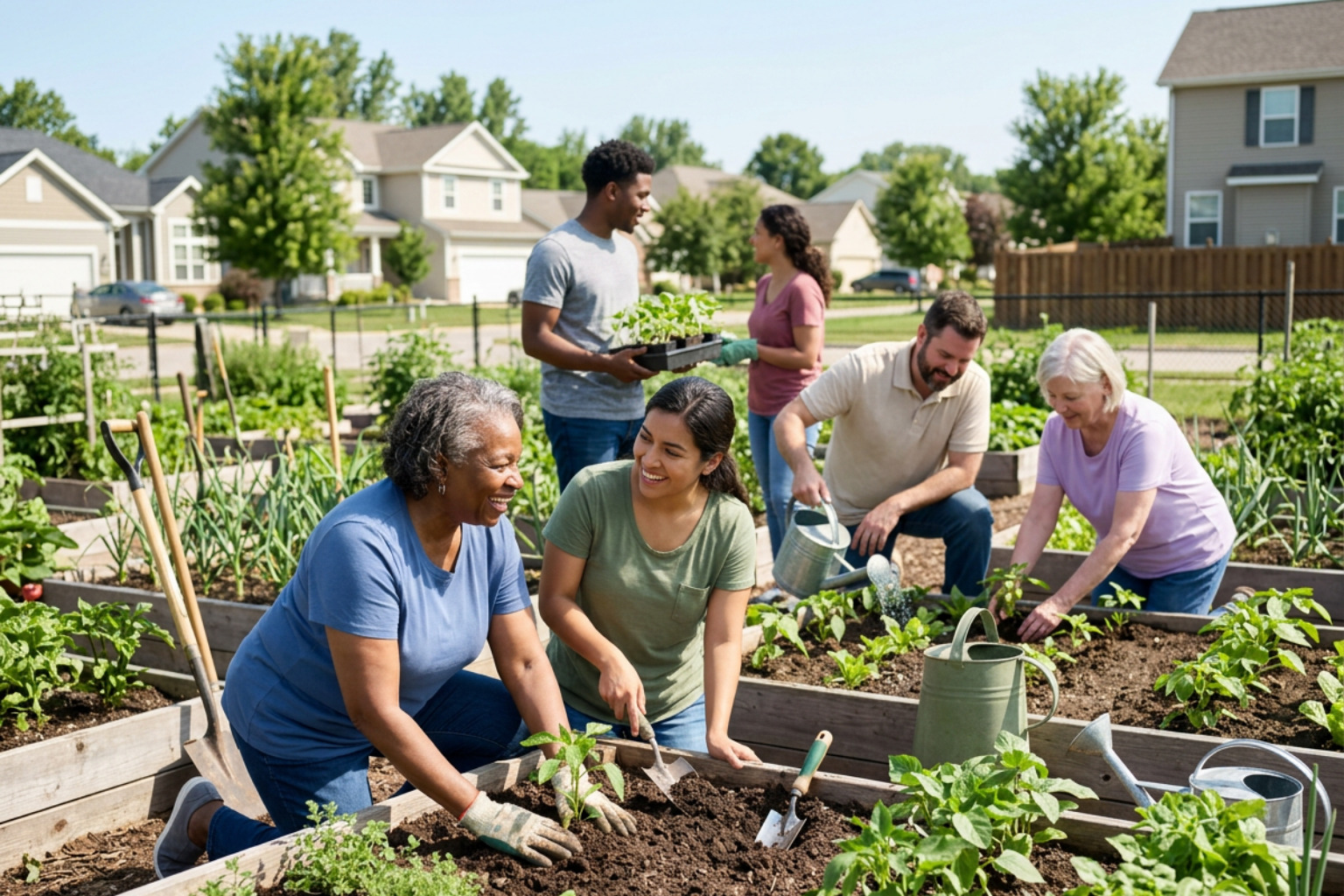 Diverse group collaborating in a community garden Diverse group collaborating in a community garden