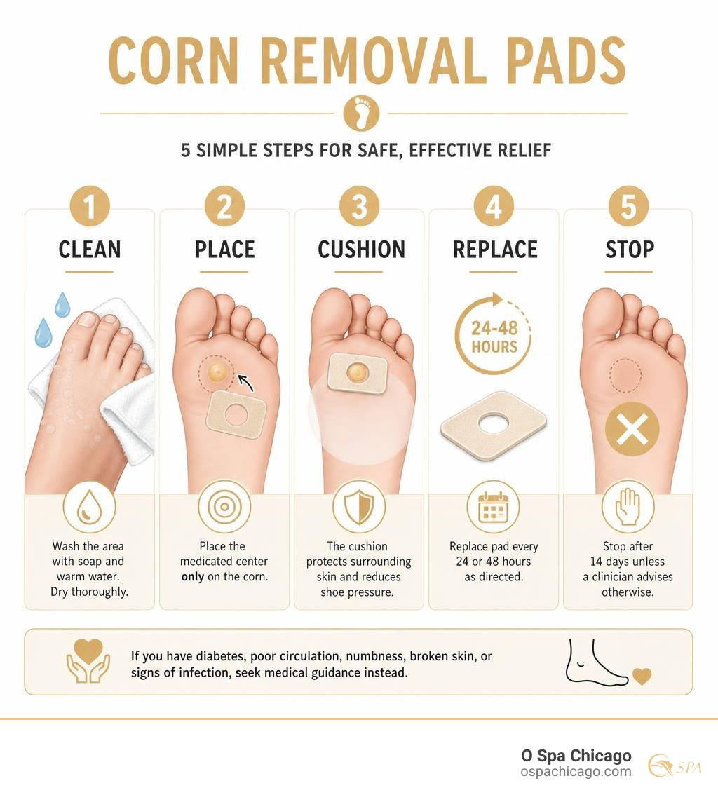 Infographic showing clean, place, cushion, replace, and stop steps for corn removal pads infographic Infographic showing clean, place, cushion, replace, and stop steps for corn removal pads infographic