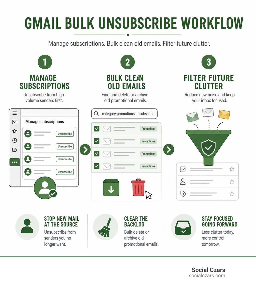 Gmail bulk unsubscribe workflow: manage subscriptions, bulk clean old emails, filter future clutter infographic Gmail bulk unsubscribe workflow: manage subscriptions, bulk clean old emails, filter future clutter infographic