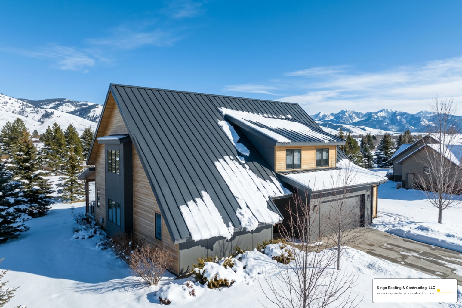 snow shedding smoothly off a standing seam metal roof in Idaho snow shedding smoothly off a standing seam metal roof in Idaho