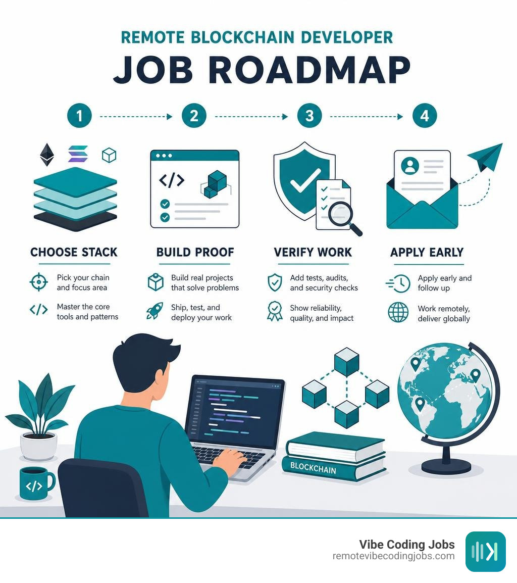 Remote blockchain developer job roadmap: choose stack, build proof, verify work, apply early infographic