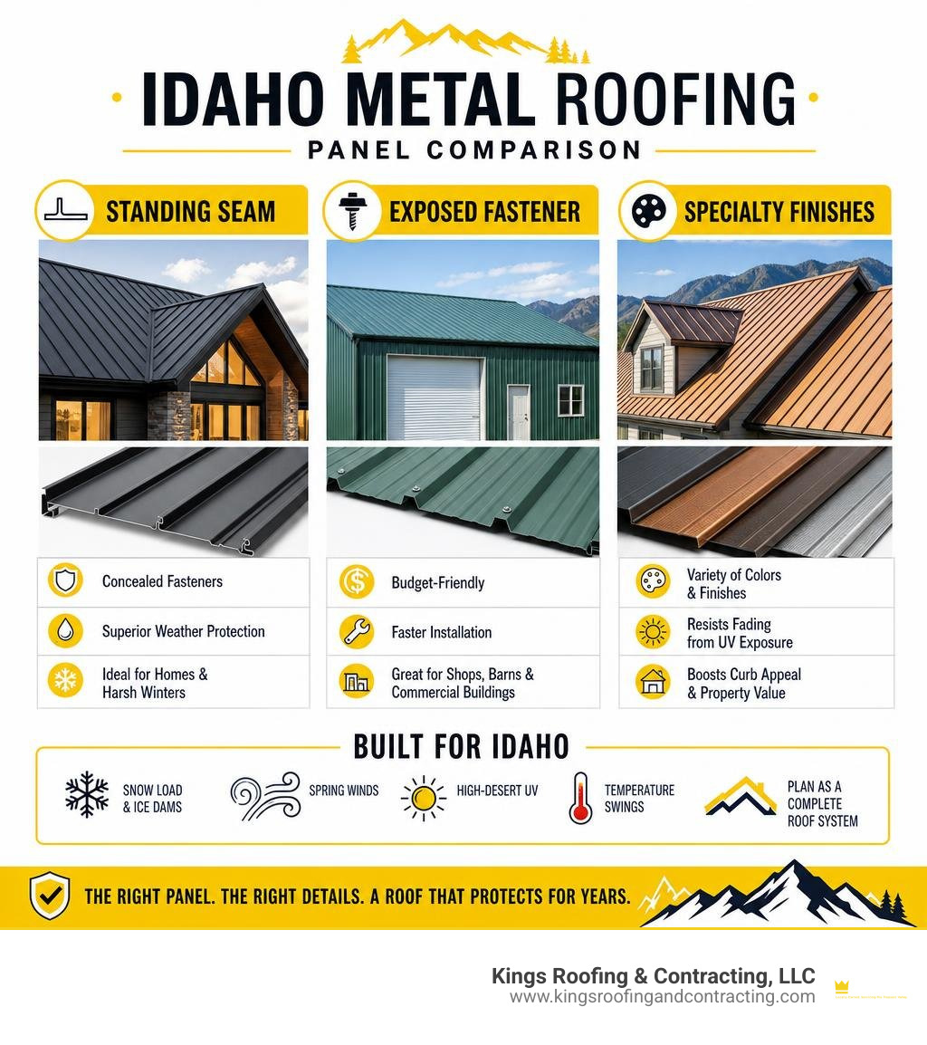 Idaho metal roofing panel comparison: standing seam, exposed fastener, and specialty finishes infographic Idaho metal roofing panel comparison: standing seam, exposed fastener, and specialty finishes infographic