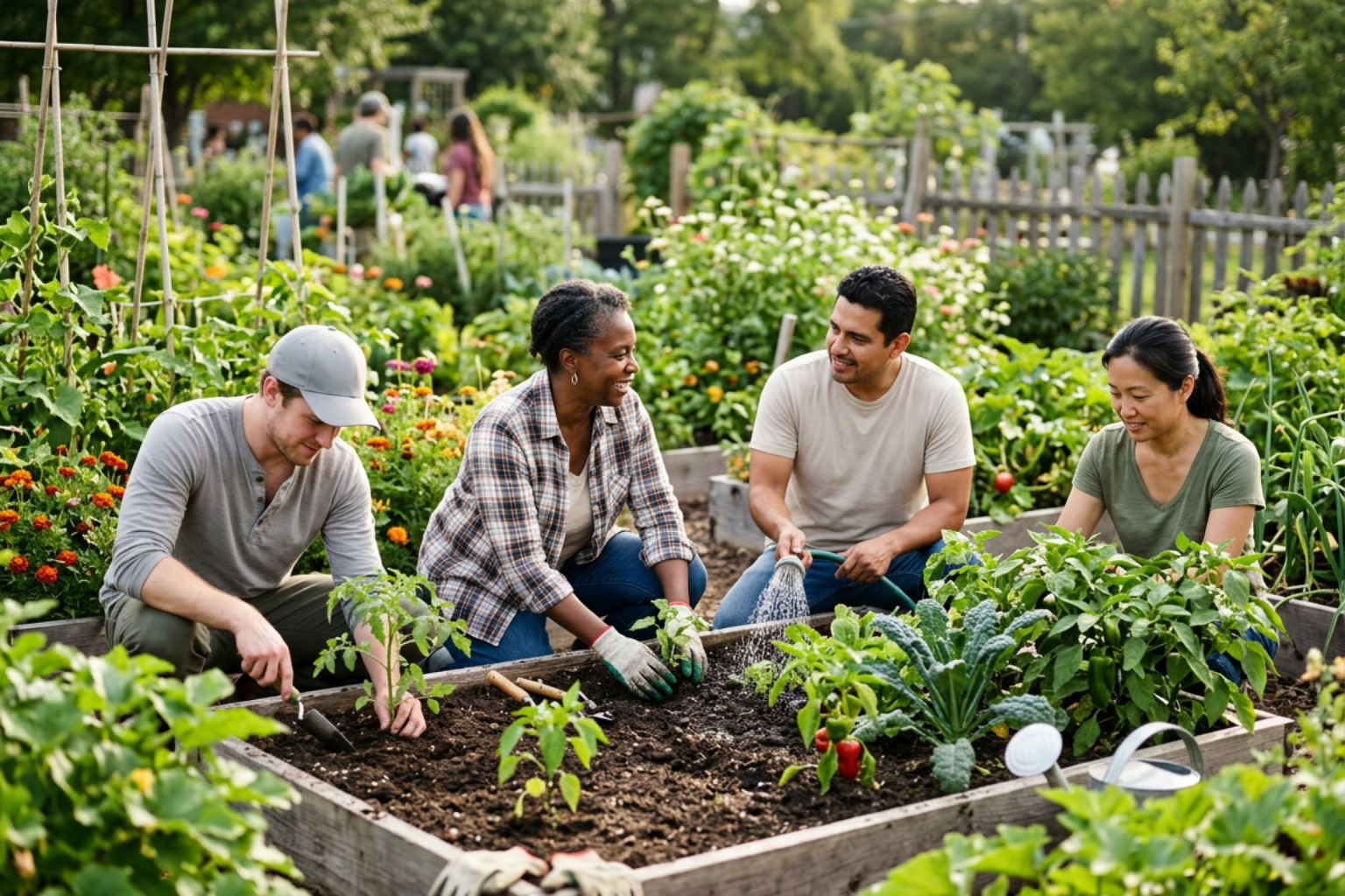 Diverse residents working together outdoors in a community garden Diverse residents working together outdoors in a community garden