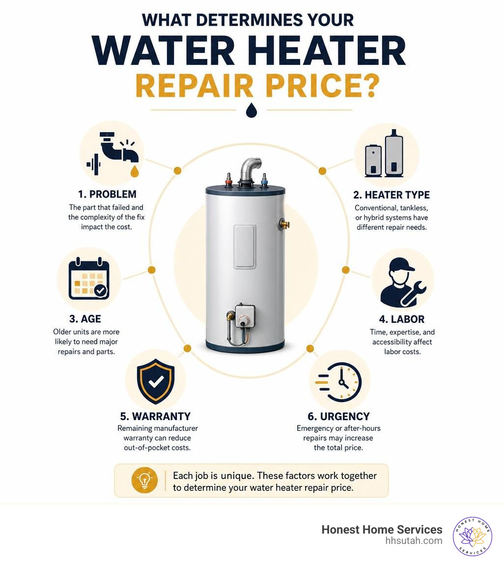 Water heater repair price factors: problem, heater type, age, labor, warranty, and urgency infographic Water heater repair price factors: problem, heater type, age, labor, warranty, and urgency infographic