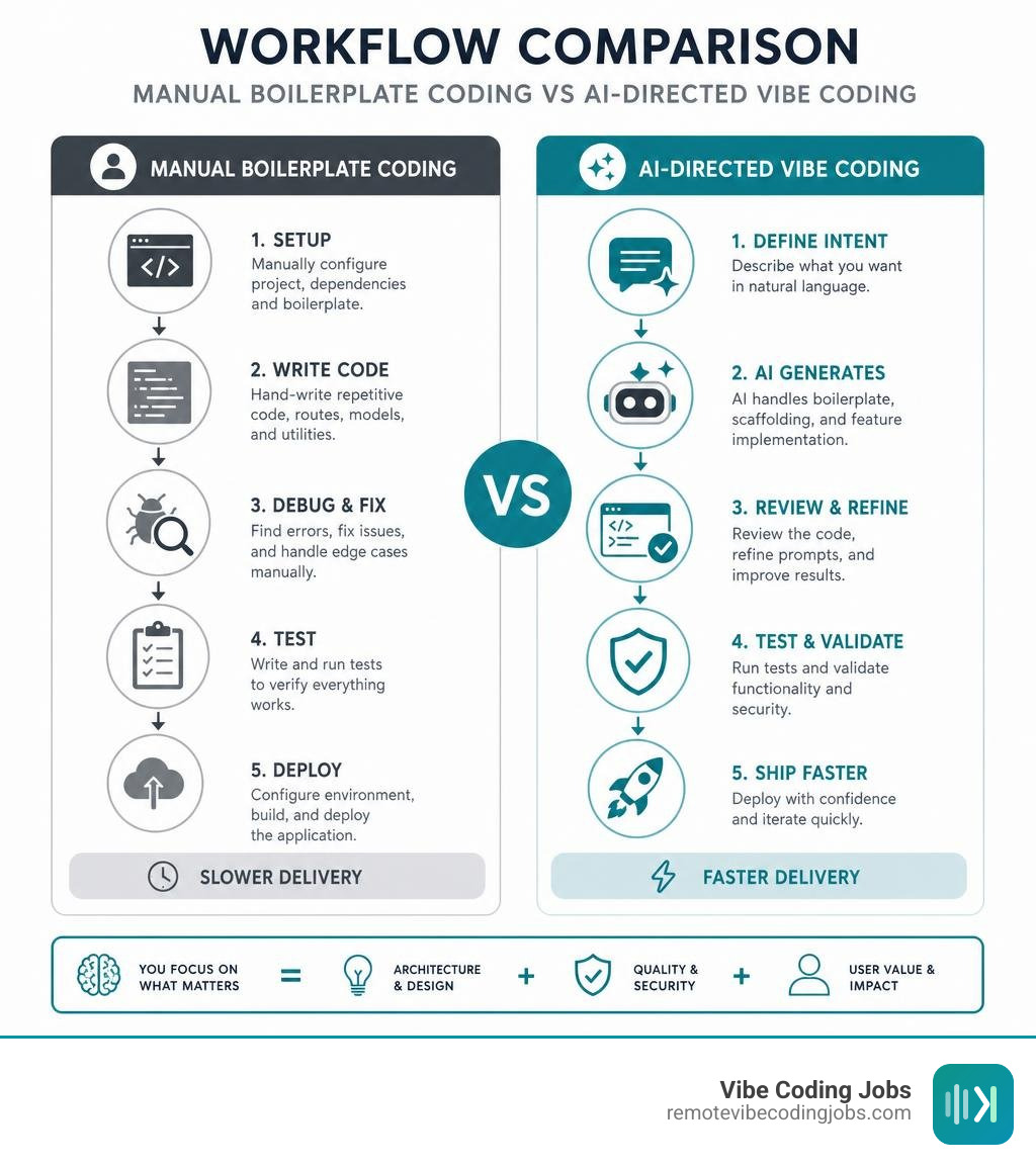 Workflow comparison showing manual boilerplate coding versus AI-directed vibe coding infographic