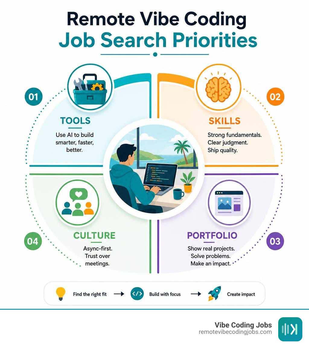 Infographic showing remote vibe coding job search priorities: tools, skills, culture, portfolio infographic