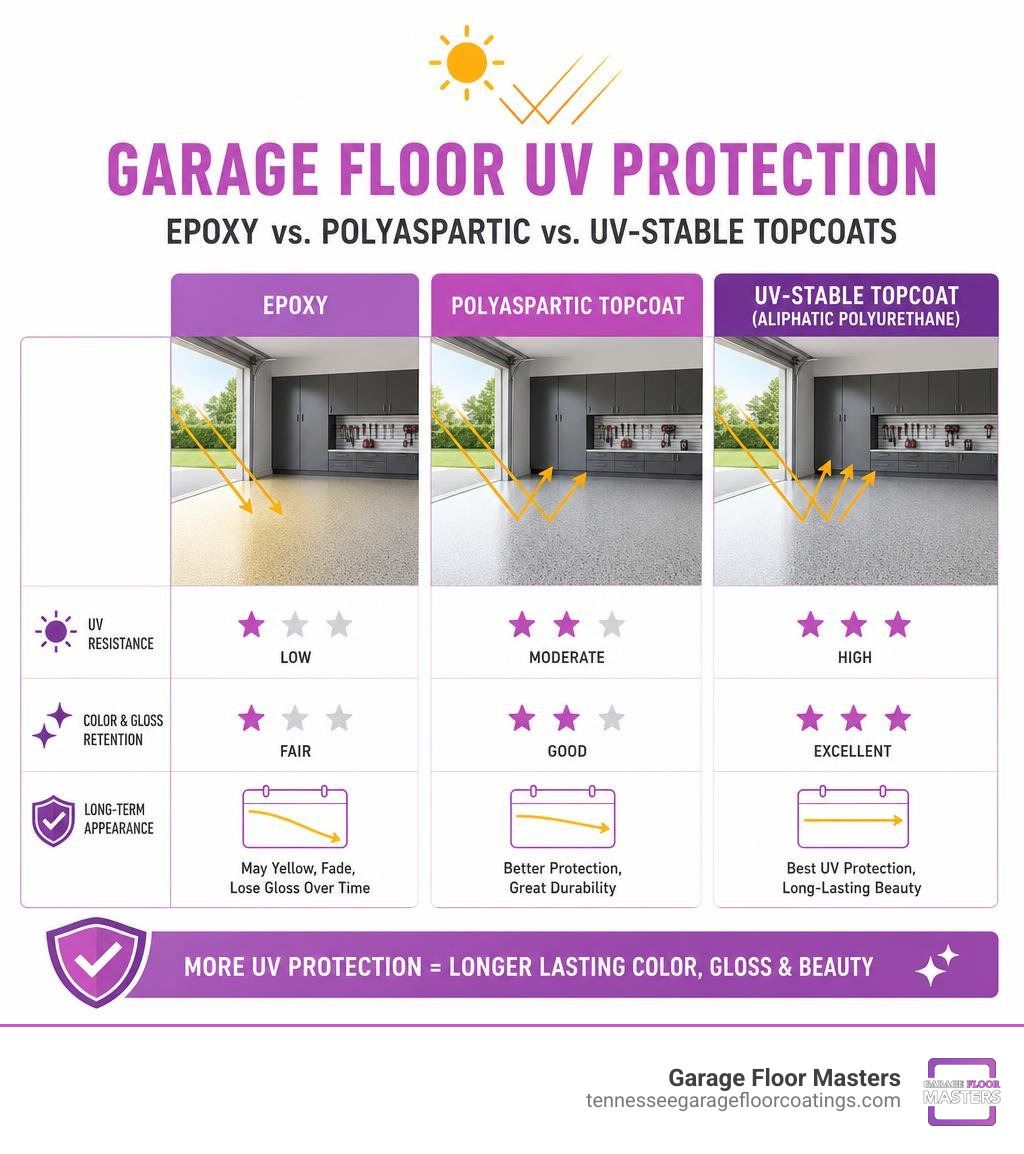Garage floor UV protection comparison: epoxy, polyaspartic, and UV-stable topcoats infographic Garage floor UV protection comparison: epoxy, polyaspartic, and UV-stable topcoats infographic