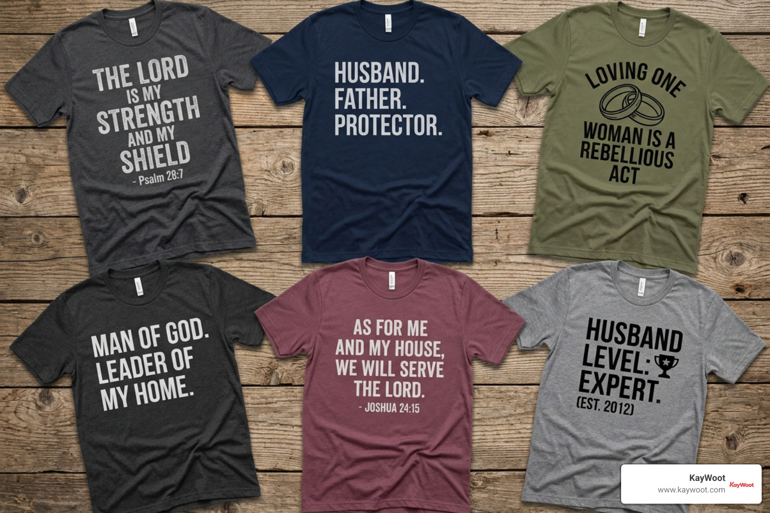A variety of Christian husband graphic tees laid out on a wooden background A variety of Christian husband graphic tees laid out on a wooden background