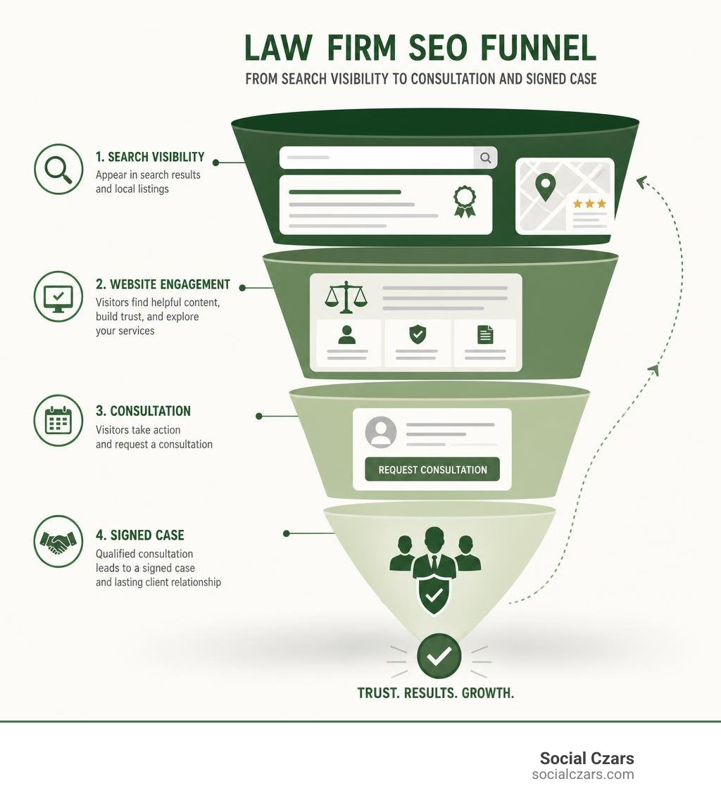 Law firm SEO funnel from search visibility to consultation and signed case infographic