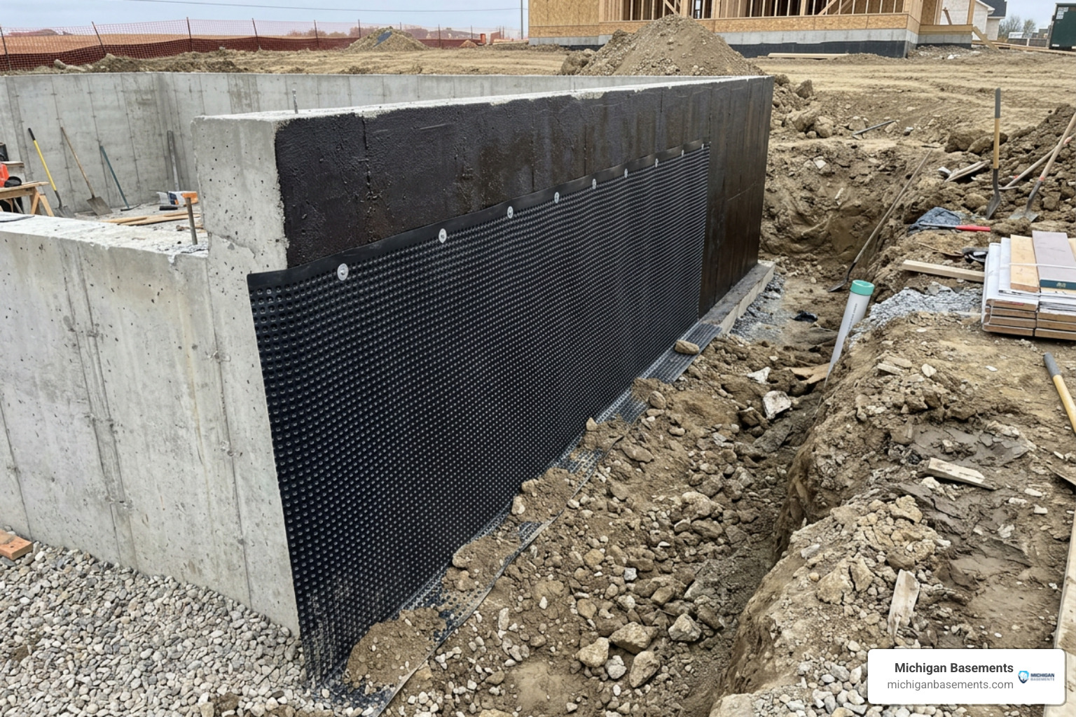 Dimpled drainage board installed over foundation coating Dimpled drainage board installed over foundation coating