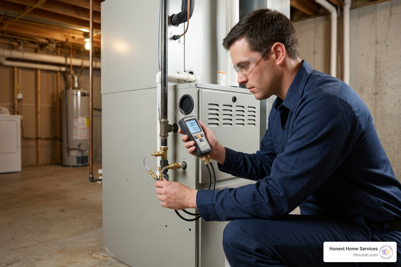 HVAC technician testing gas manifold pressure with a manometer HVAC technician testing gas manifold pressure with a manometer