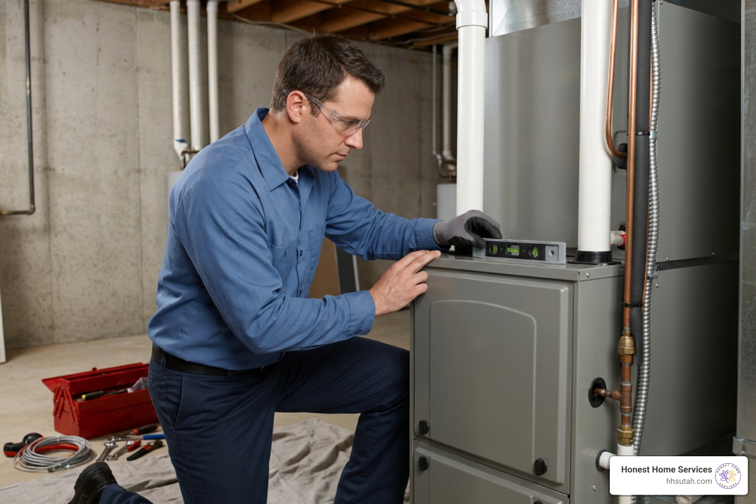 Technician leveling a high-efficiency furnace cabinet Technician leveling a high-efficiency furnace cabinet
