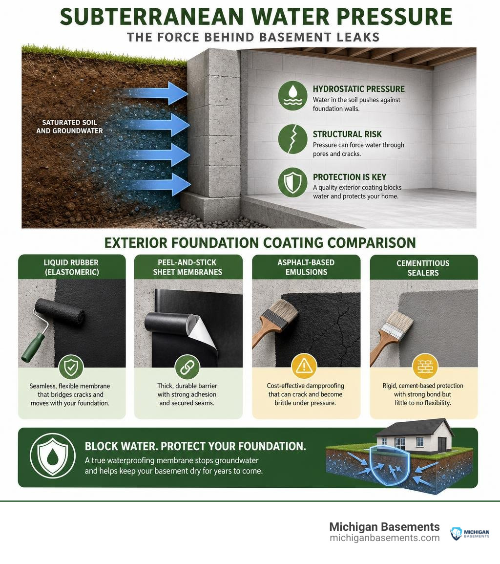 Subterranean water pressure and exterior foundation coating comparison infographic Subterranean water pressure and exterior foundation coating comparison infographic