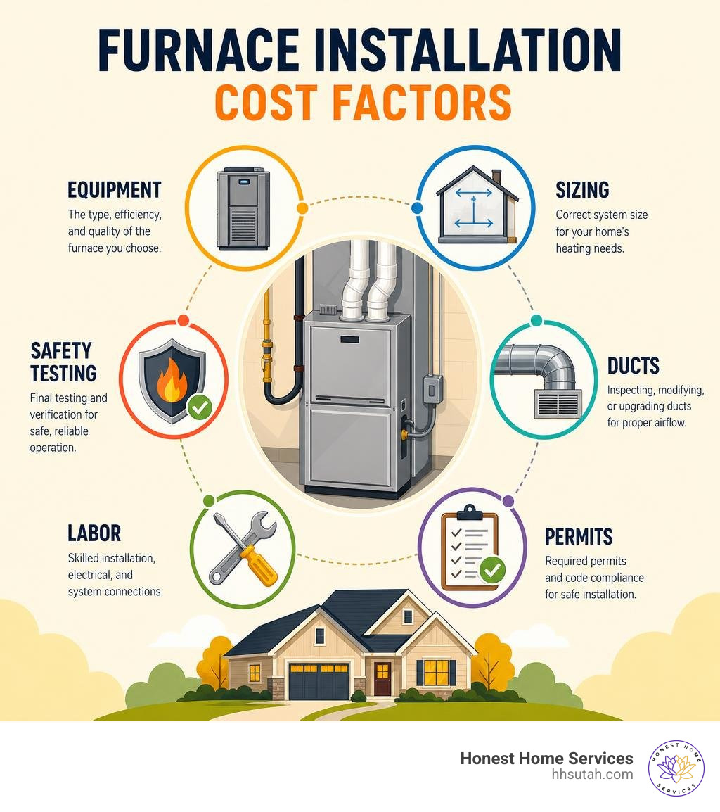 Furnace installation cost factors: equipment, sizing, ducts, permits, labor, and safety testing infographic Furnace installation cost factors: equipment, sizing, ducts, permits, labor, and safety testing infographic