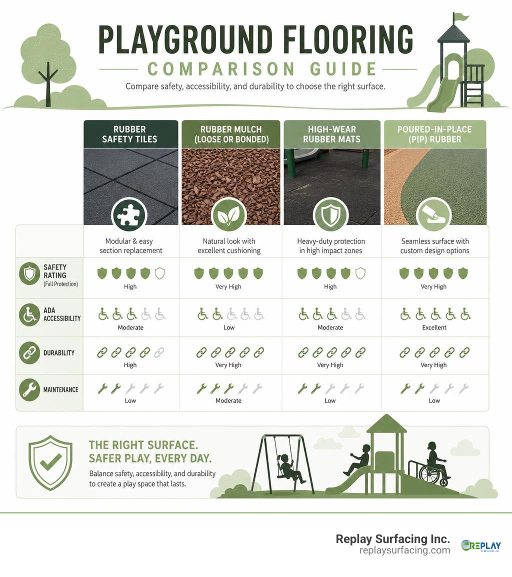 Playground flooring comparison guide highlighting safety ratings, ADA accessibility, and durability infographic Playground flooring comparison guide highlighting safety ratings, ADA accessibility, and durability infographic