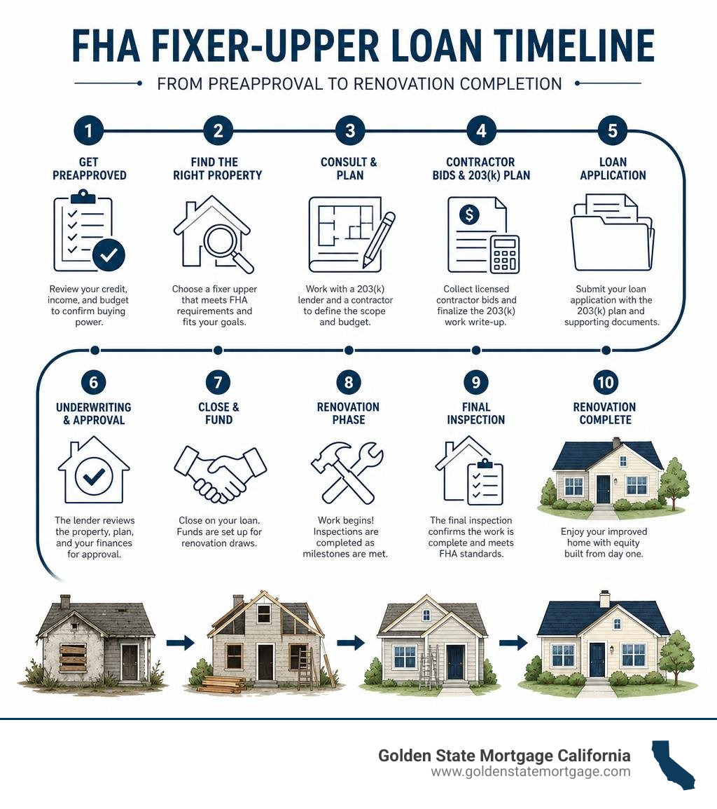 FHA fixer upper loan timeline from preapproval to renovation completion infographic FHA fixer upper loan timeline from preapproval to renovation completion infographic
