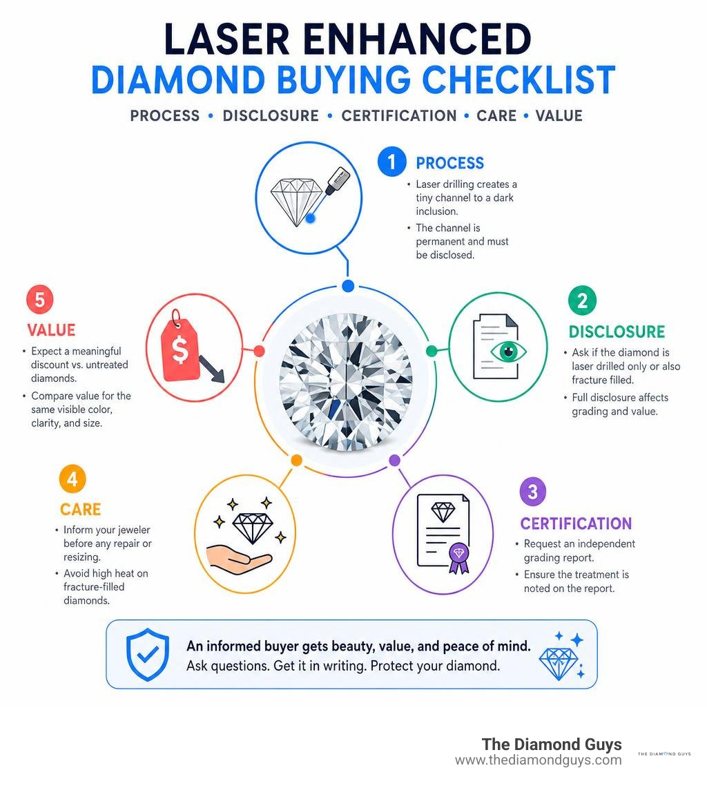 Laser enhanced diamond buying checklist: process, disclosure, certification, care, and value infographic Laser enhanced diamond buying checklist: process, disclosure, certification, care, and value infographic