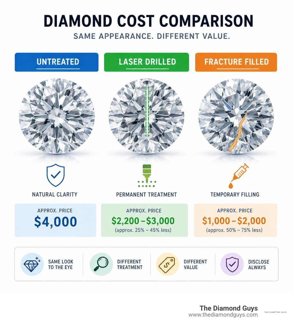 Comparison of diamond costs across untreated, laser drilled, and fracture filled stones infographic Comparison of diamond costs across untreated, laser drilled, and fracture filled stones infographic