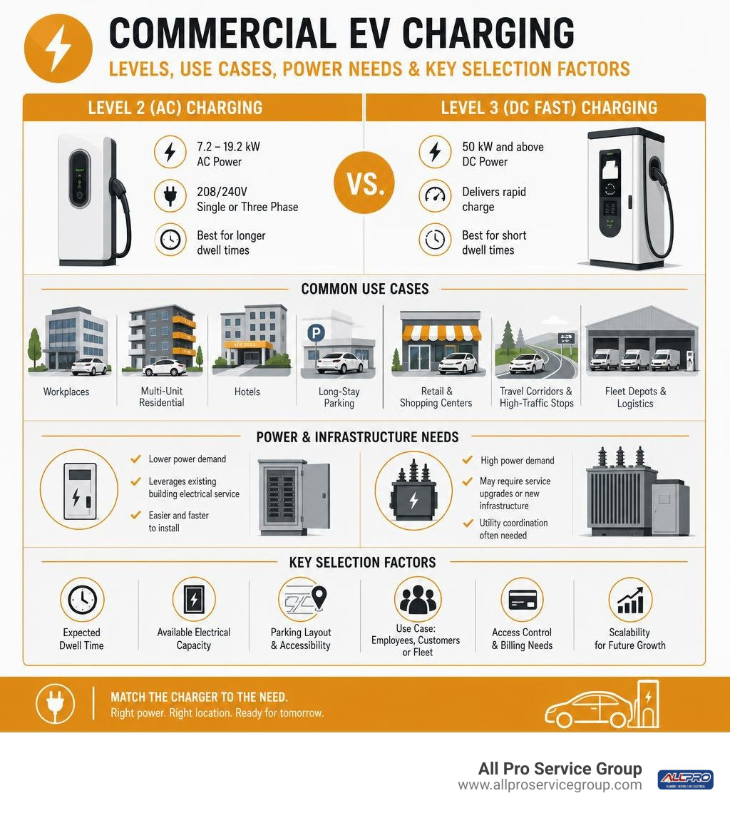 Commercial EV charging levels, use cases, power needs, and key selection factors infographic