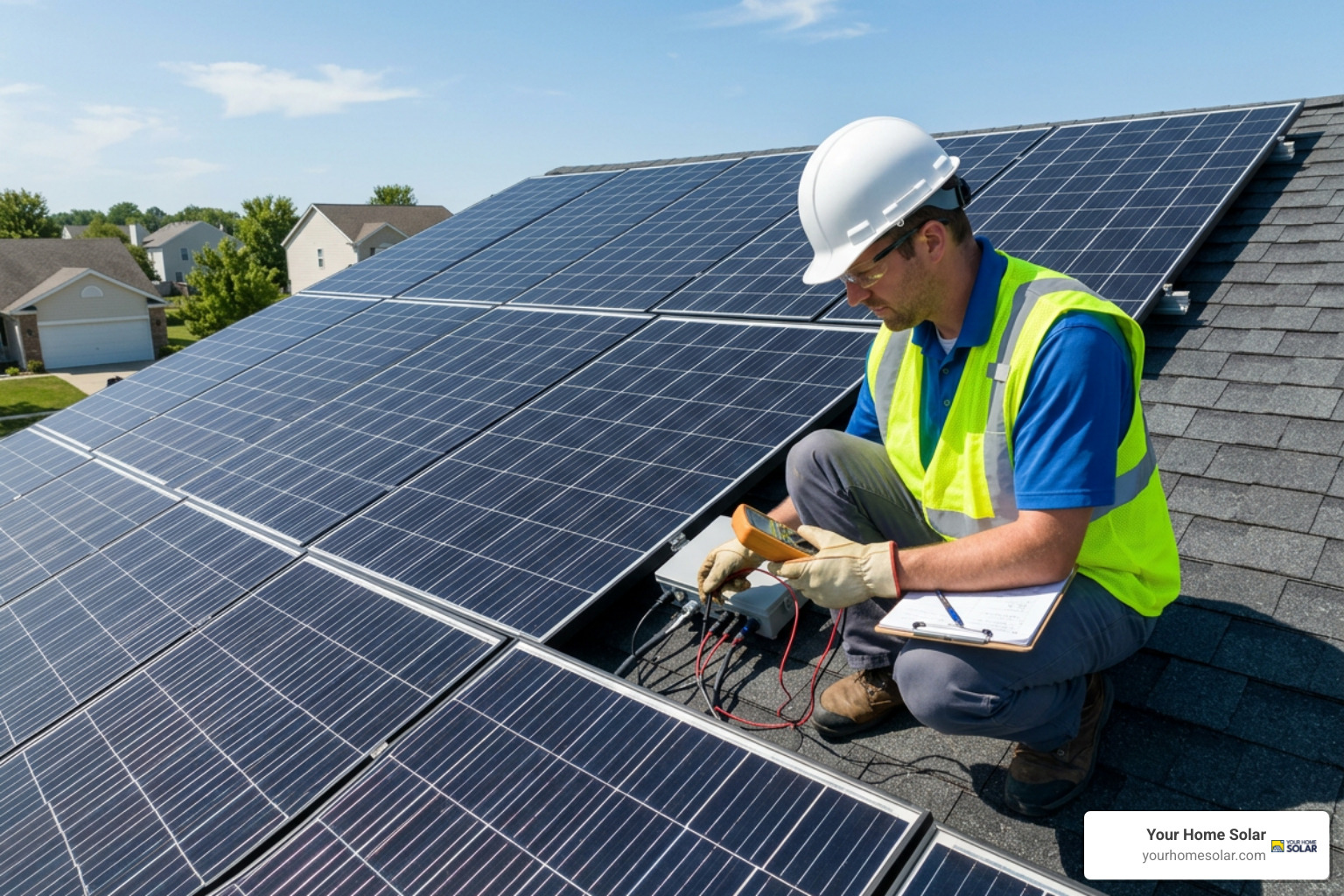 Residential rooftop solar array undergoing electrical inspection Residential rooftop solar array undergoing electrical inspection