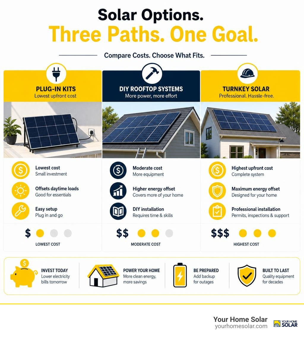 Infographic comparing plug-in kits, DIY rooftop systems, and turnkey solar costs infographic Infographic comparing plug-in kits, DIY rooftop systems, and turnkey solar costs infographic