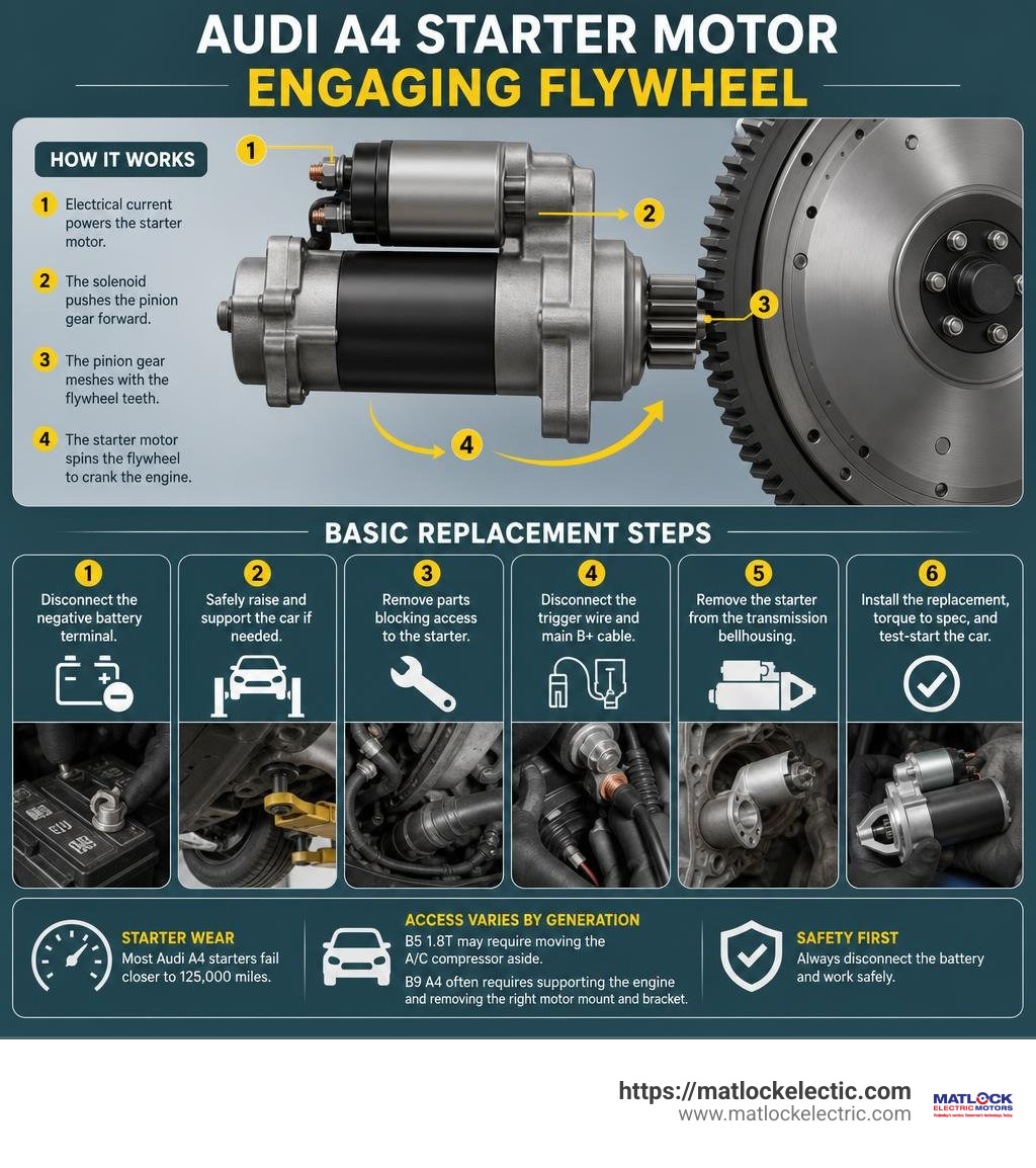 Audi A4 starter motor engaging flywheel and basic replacement steps infographic