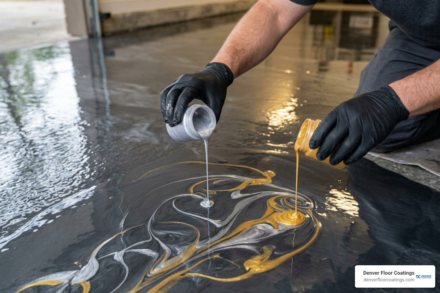installer drizzling contrasting metallic accent ribbons across wet epoxy base coat