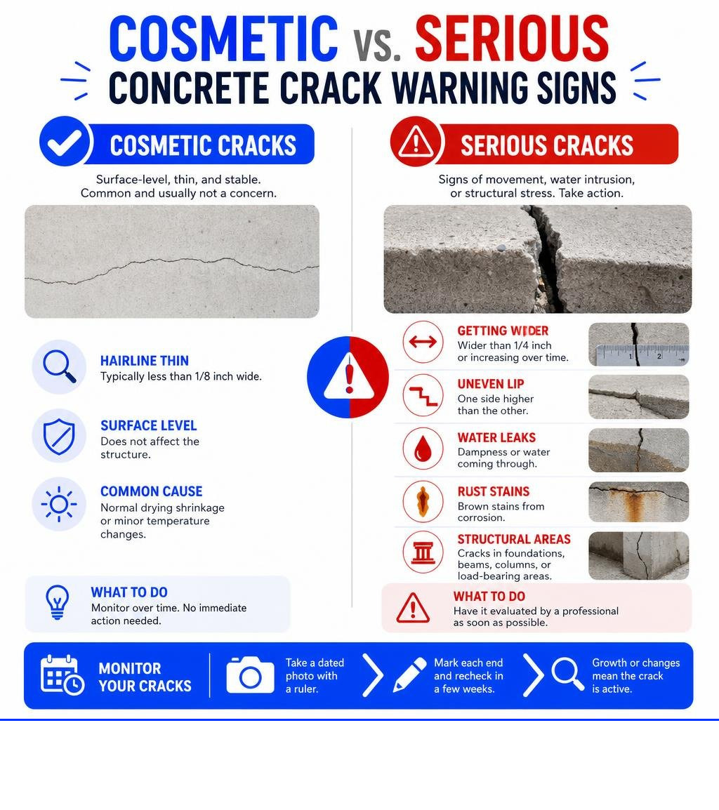 Cosmetic versus serious concrete crack warning signs infographic Cosmetic versus serious concrete crack warning signs infographic