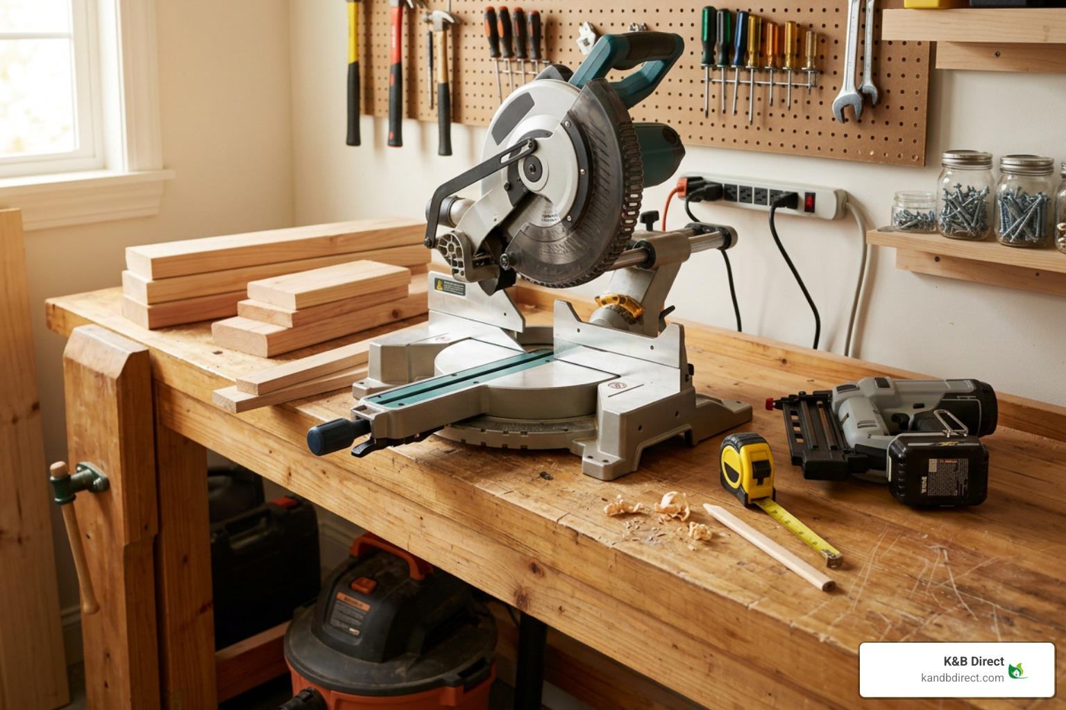 Trim installation tools including miter saw and nail gun
