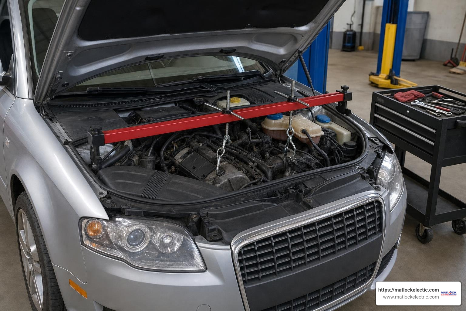 Engine support bar installed across Audi strut towers
