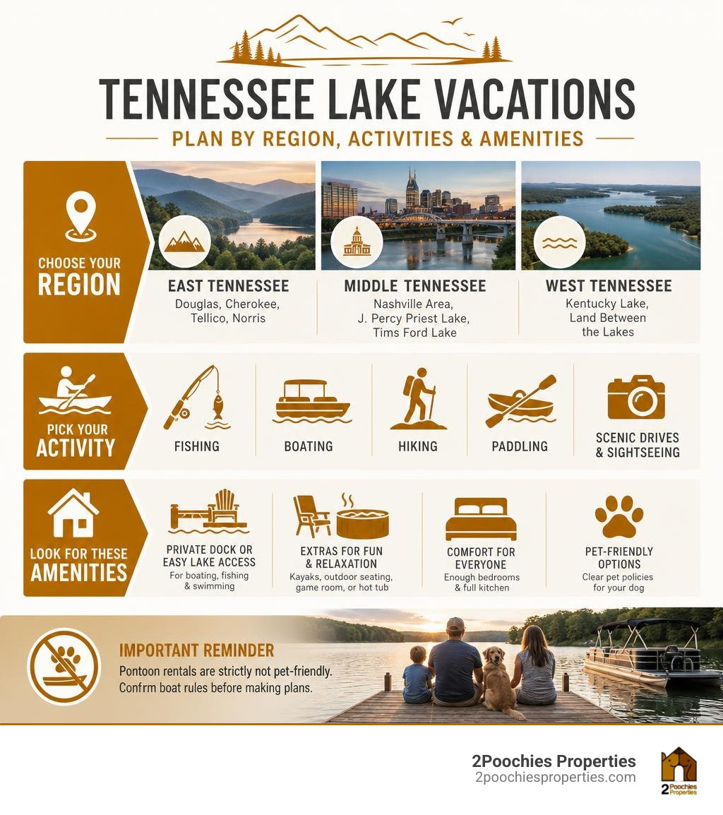 Tennessee lake vacation planning by region, activities, and rental amenities infographic