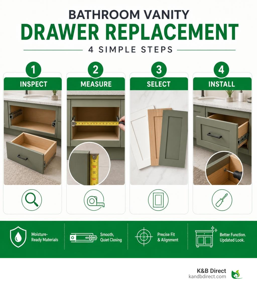 Bathroom vanity drawer replacement steps: inspect, measure, select, install infographic Bathroom vanity drawer replacement steps: inspect, measure, select, install infographic
