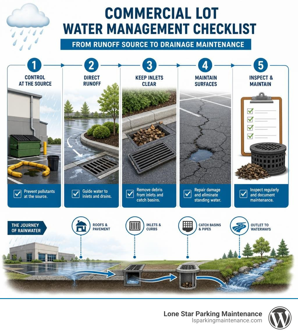 Commercial lot water management checklist from runoff source to drainage maintenance infographic Commercial lot water management checklist from runoff source to drainage maintenance infographic