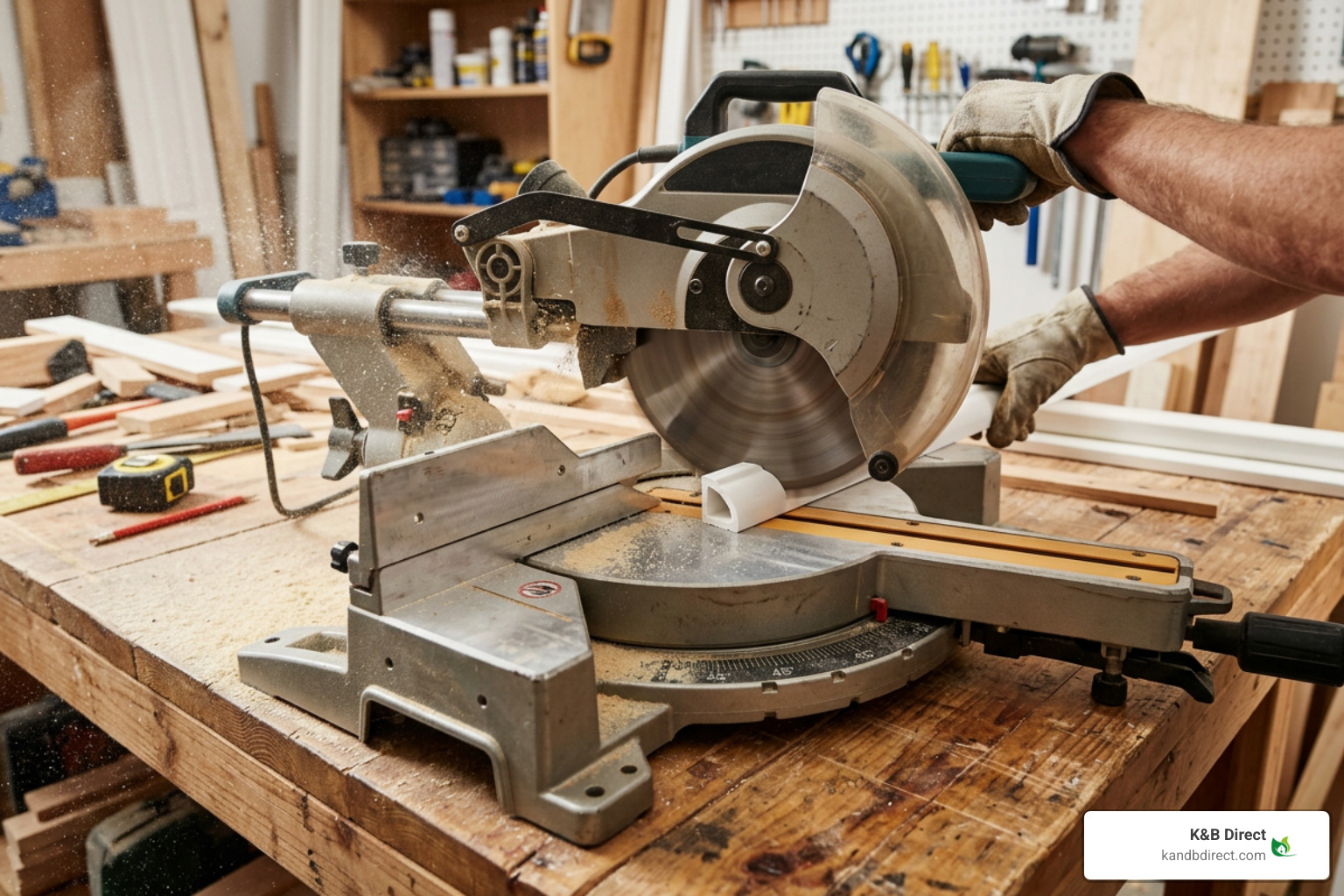 Miter saw cuts at 45-degree angles for trim joints
