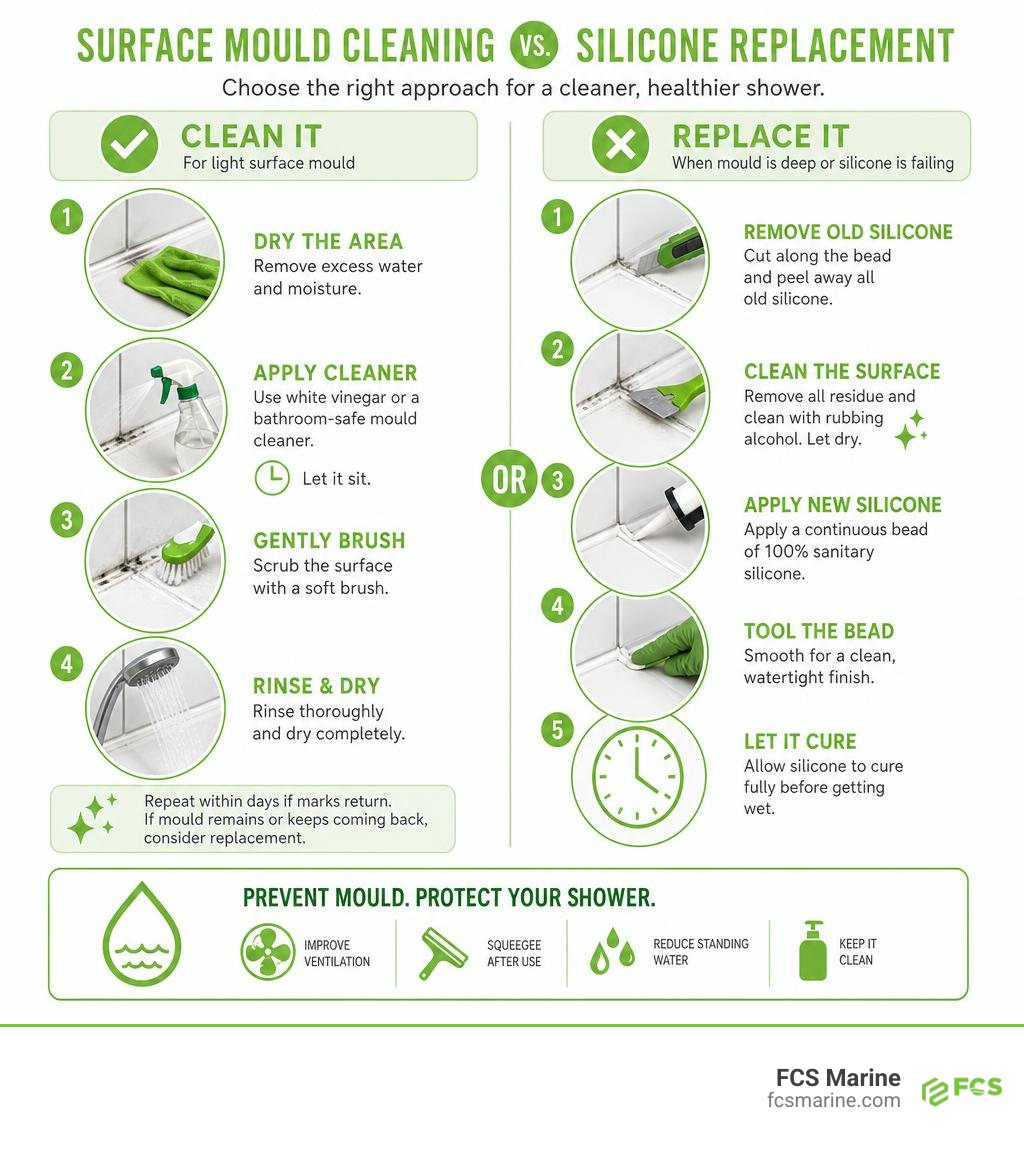 Surface mould cleaning versus silicone replacement steps infographic Surface mould cleaning versus silicone replacement steps infographic