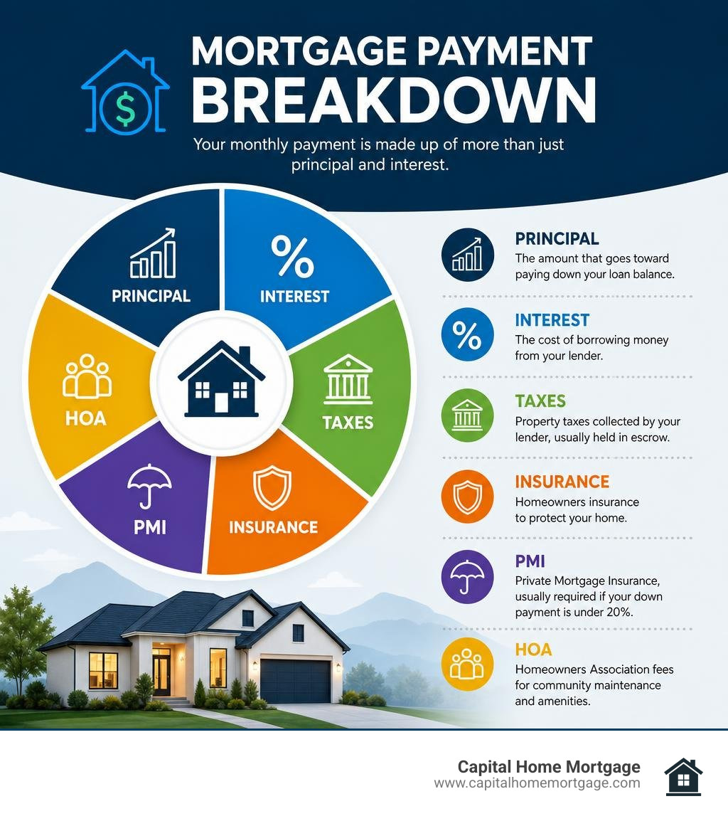 Mortgage payment breakdown showing principal interest taxes insurance PMI and HOA infographic Mortgage payment breakdown showing principal interest taxes insurance PMI and HOA infographic