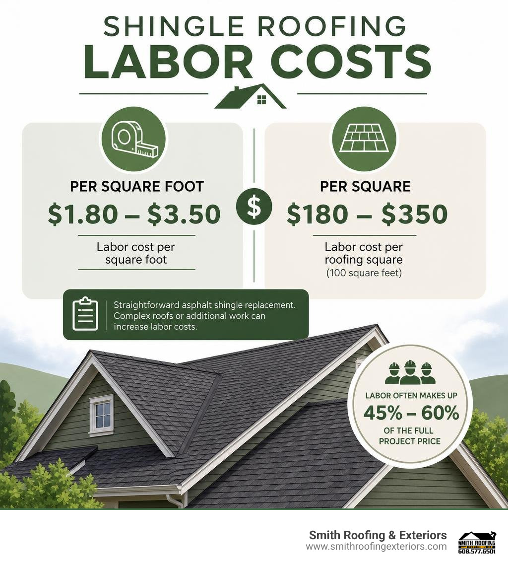 Infographic showing shingle roofing labor costs per square foot and per square infographic Infographic showing shingle roofing labor costs per square foot and per square infographic