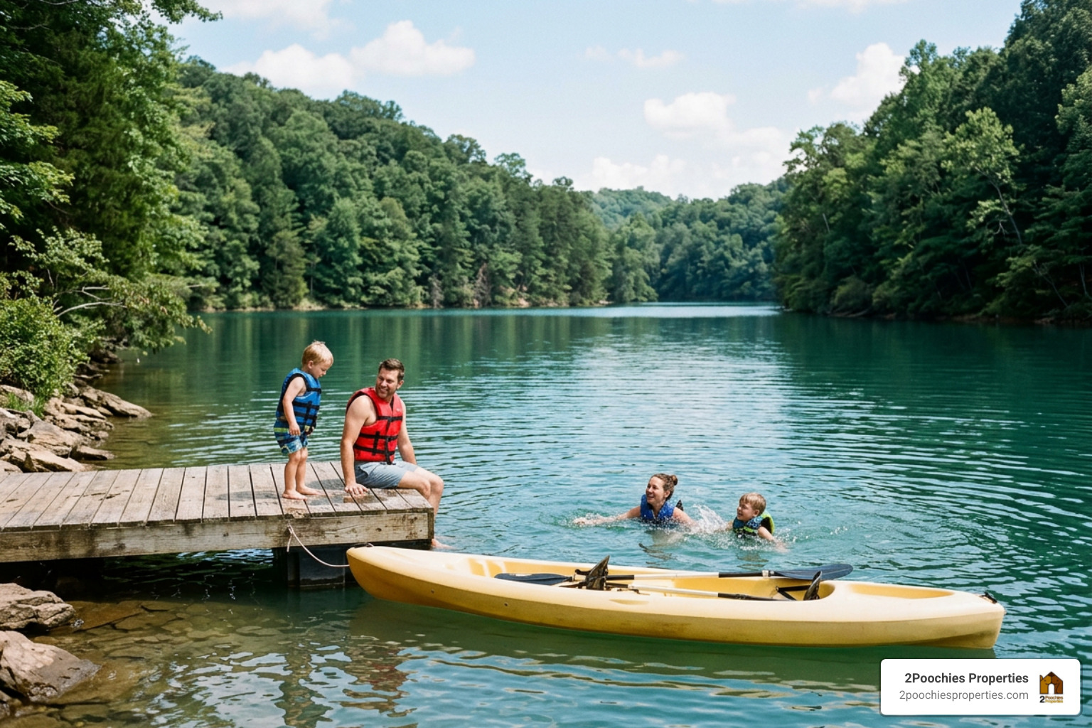 Family swimming and kayaking in a secluded lake cove