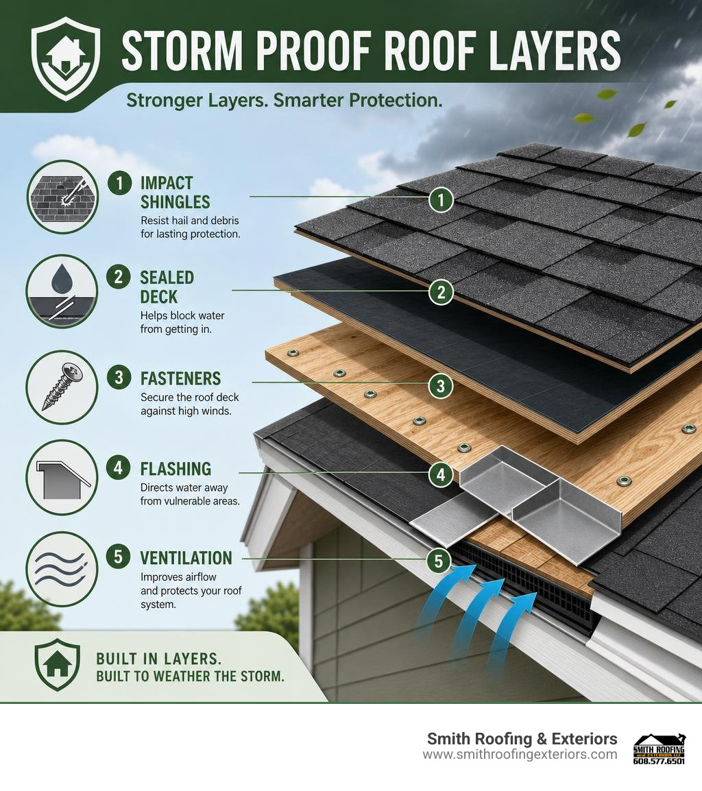 Storm proof roof layers: impact shingles, sealed deck, fasteners, flashing, and ventilation infographic Storm proof roof layers: impact shingles, sealed deck, fasteners, flashing, and ventilation infographic